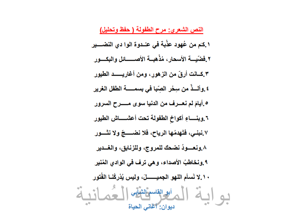 شرح وتحليل قصيدة مرح الطفولة أبو قاسم الشابي الصف السادس