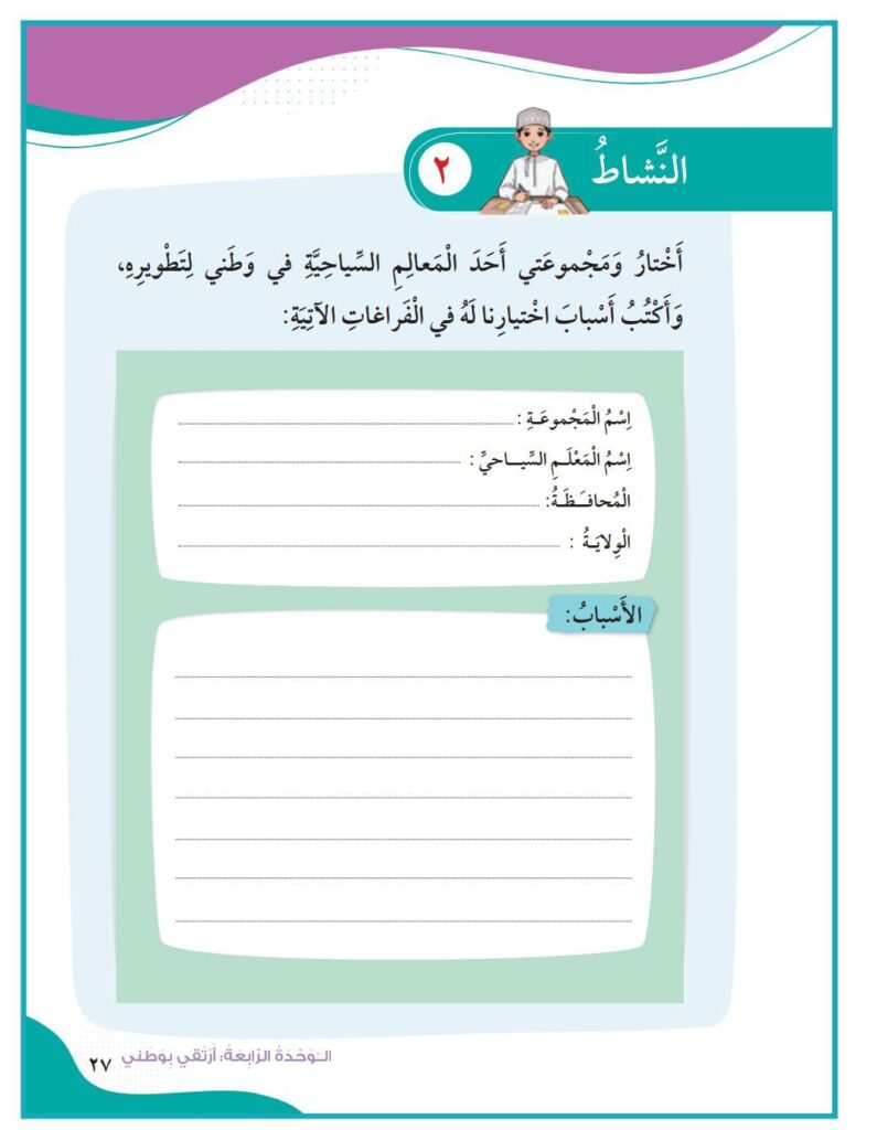 المعالم السياحية في سلطنة عمان والعمل مع مجموعته على كتابة معلومات عنه